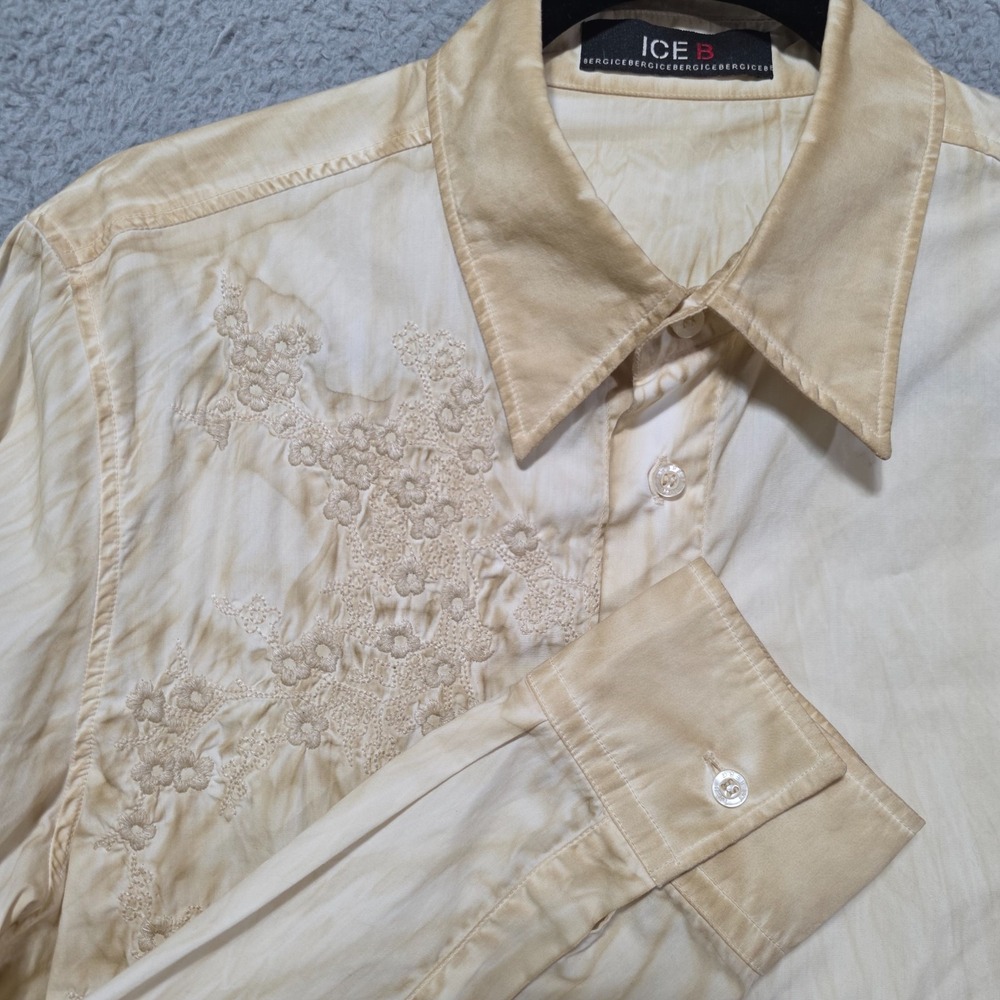 Iceberg Mens Button Dress Shirt Tonal Embroidered Coconut Cream Corda Medium
